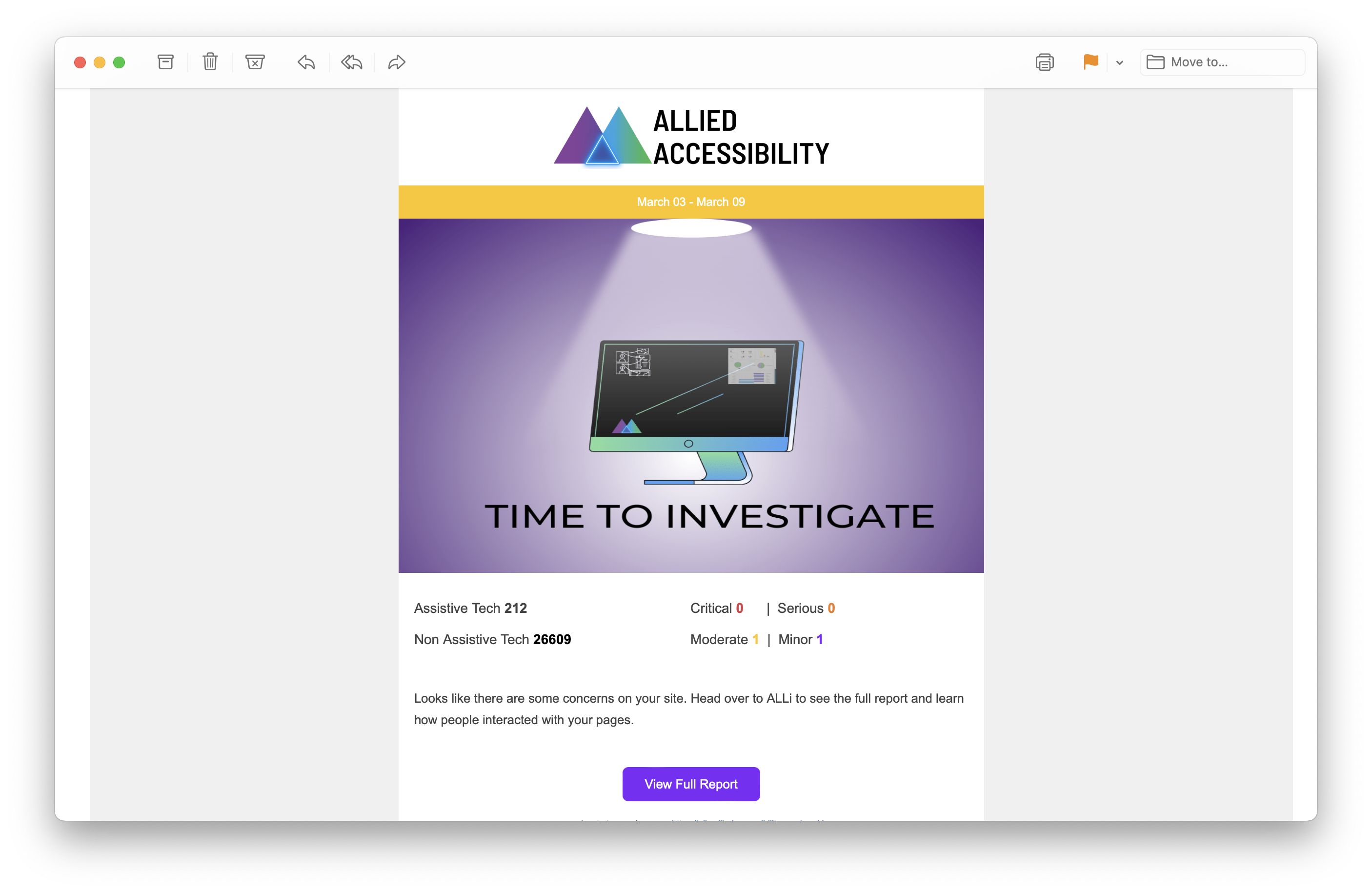 A site report showing numbers about assistive technology counts, severities, concerns in a task list, and overtime line graphs